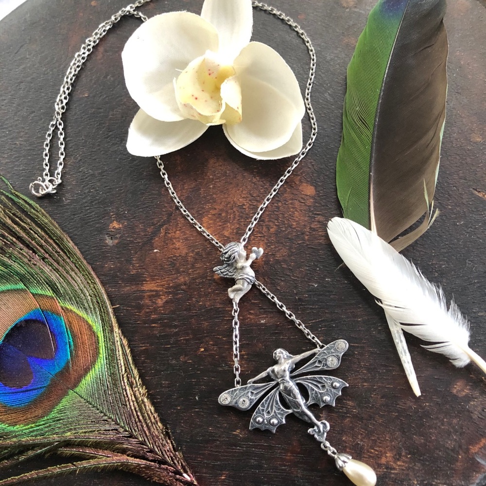 Art Deco sterling fairy cherub necklace